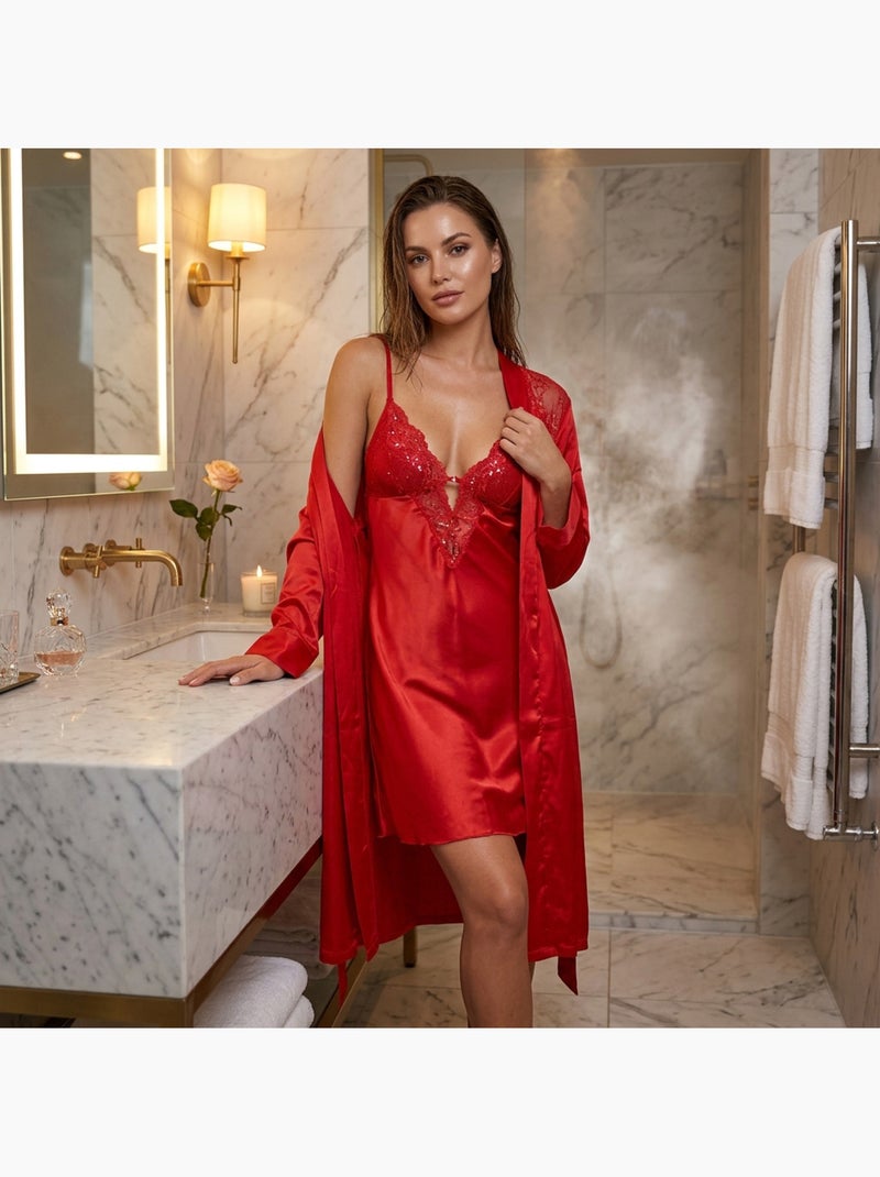 Nuisette e kimono donna seta effetto raso pizzo paillette ozabi Rosso - Kiabi
