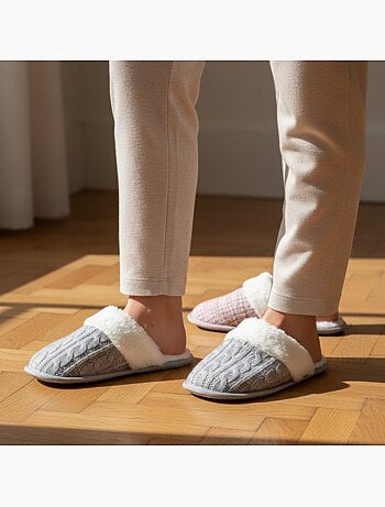 OZABI Confezione 2 paia Pantofole donna Maglia Treccia Bordo Eco Pelliccia