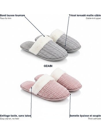 OZABI Confezione 2 paia Pantofole donna Maglia Treccia Bordo Eco Pelliccia