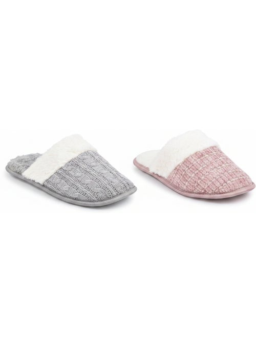 OZABI Confezione 2 paia Pantofole donna Maglia Treccia Bordo Eco Pelliccia - Kiabi OZABI Confezione 2 paia Pantofole donna Maglia Treccia Bordo Eco Pelliccia - Kiabi