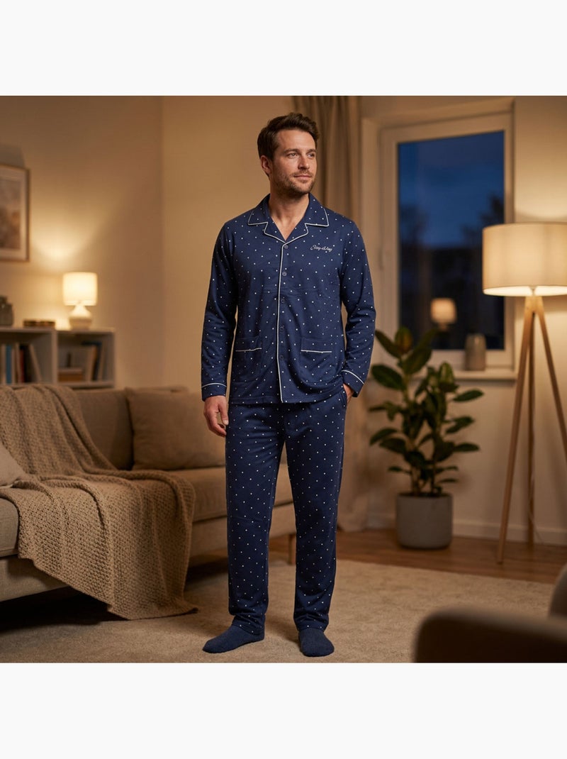 OZABI Pigiama da uomo lungo con bottoni e collo a camicia, morbidissimo Blu - Kiabi