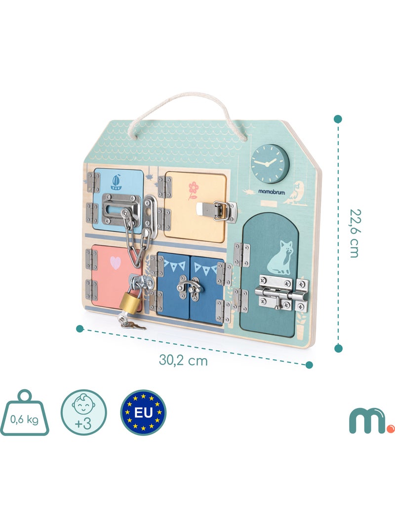 Pannello sensoriale legno casa 30x22cm 5 serrature orologio mamabrum N/D - Kiabi