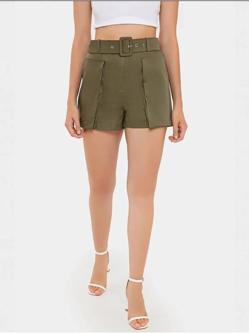 Pantaloncini a vita alta in cotone con tasca e cintura hiccup Verde - Kiabi