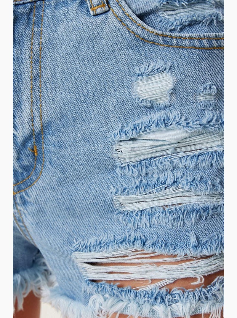 Pantaloncini di jeans a vita alta strappati istanbul Blu pastello - Kiabi