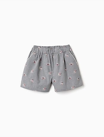 Pantaloncini in cotone a quadretti con stampa floreale