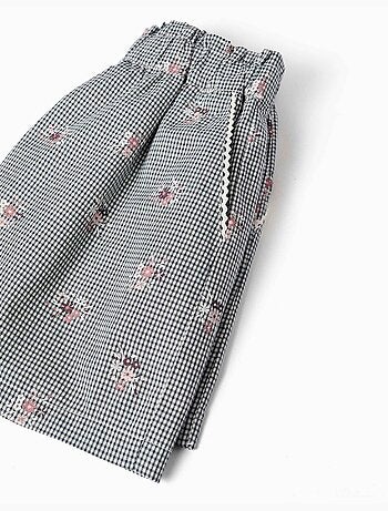 Pantaloncini in cotone a quadretti con stampa floreale