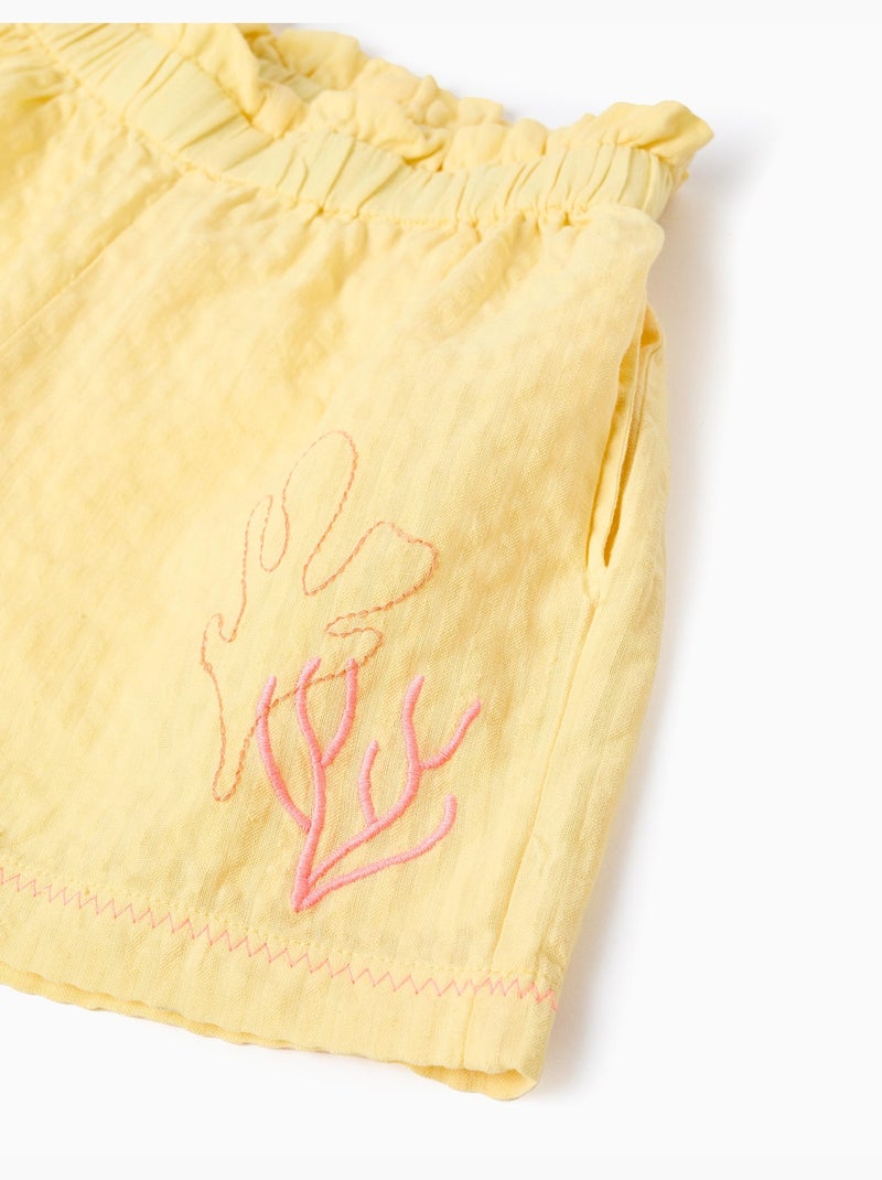 Pantaloncini in cotone con cintura paperbag e ricamo Giallo chiaro - Kiabi