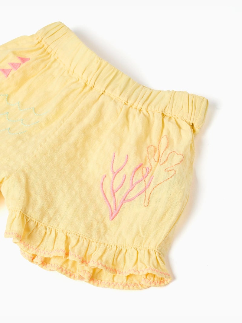 Pantaloncini in cotone con orli arricciati e ricami Giallo chiaro - Kiabi