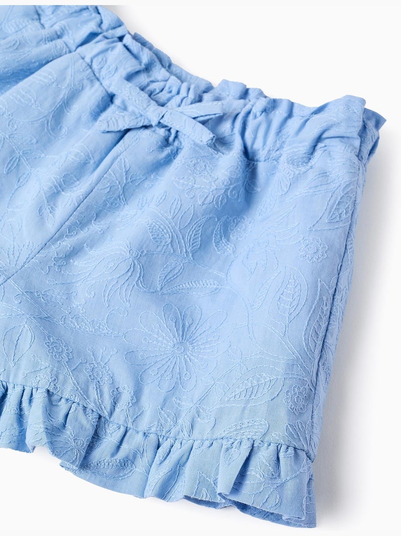 Pantaloncini in cotone con ricamo e volant Blu chiaro - Kiabi