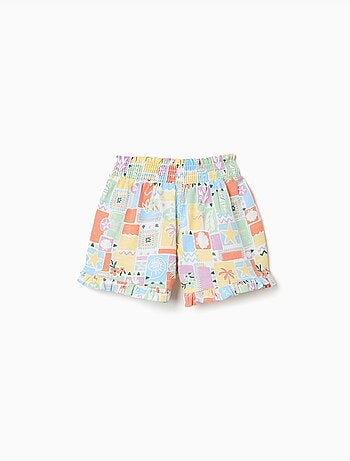 Pantaloncini in cotone con stampa colorata e orli arricciati