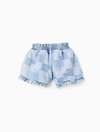 Pantaloncini in denim con motivo a quadri e orlo arricciato