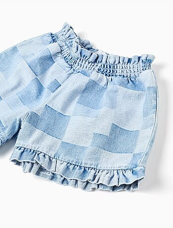 Pantaloncini in denim con motivo a quadri e orlo arricciato