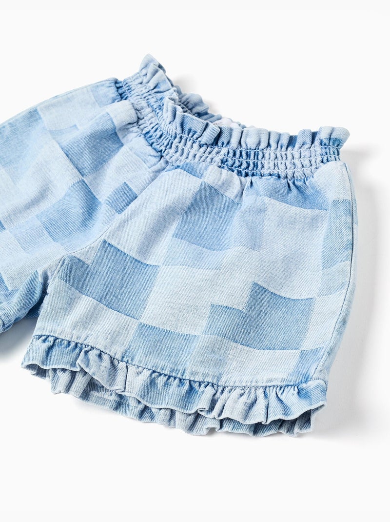 Pantaloncini in denim con motivo a quadri e orlo arricciato Blu chiaro - Kiabi