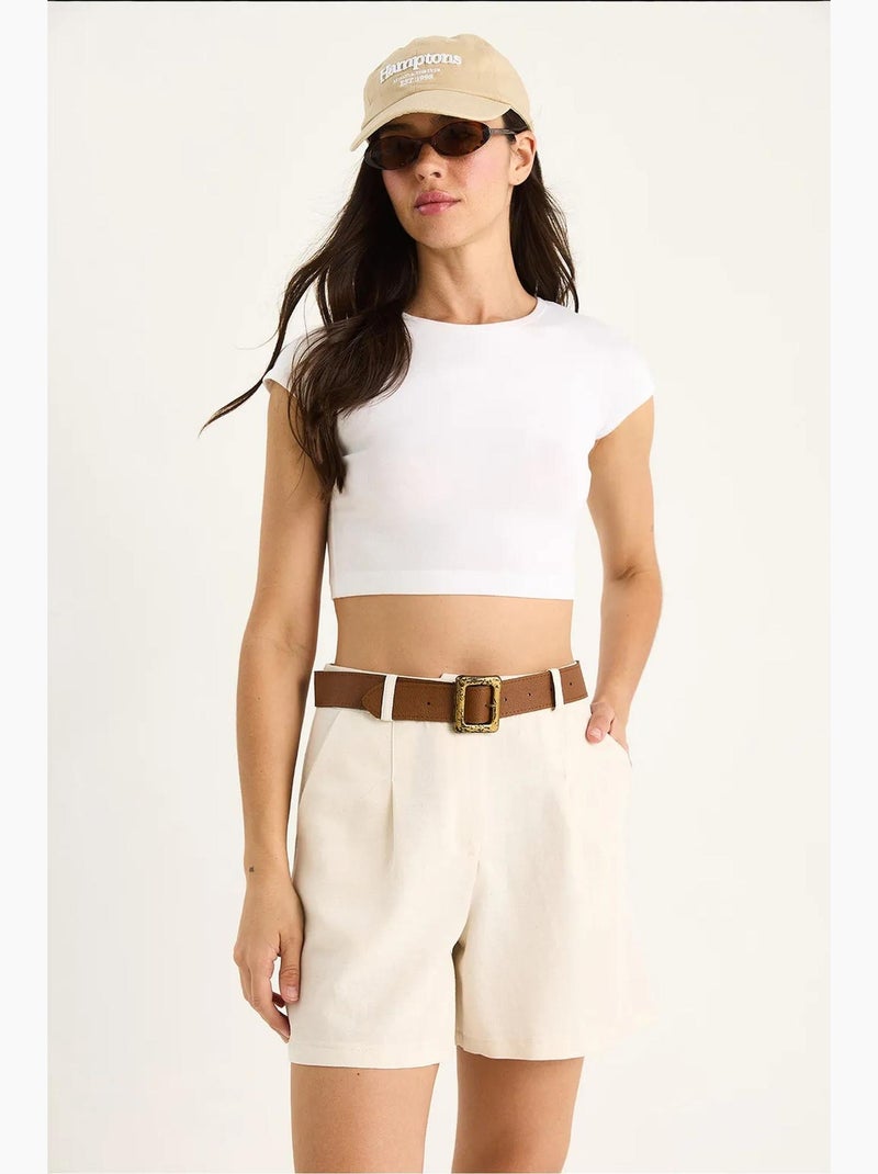 Pantaloncini in lino sottile con cintura e tasche bianco lucci Beige argilla - Kiabi