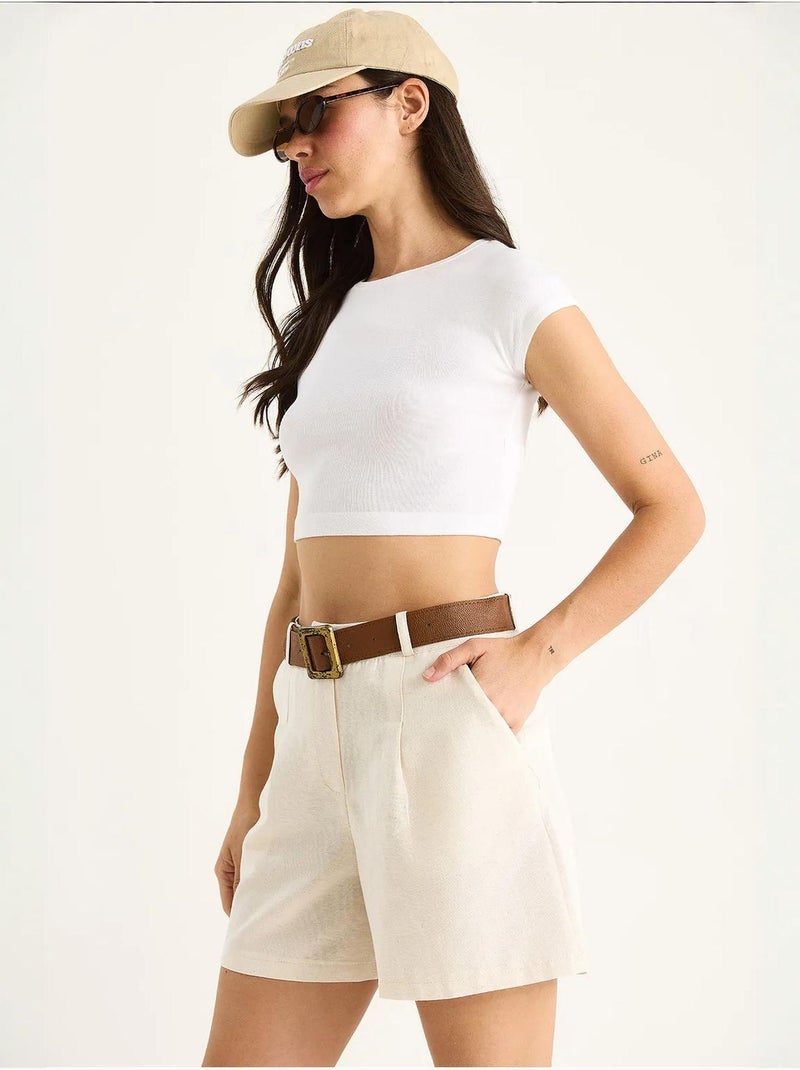 Pantaloncini in lino sottile con cintura e tasche bianco lucci Beige argilla - Kiabi