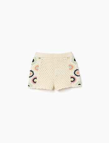 Pantaloncini in maglia di cotone con fiori all'uncinetto