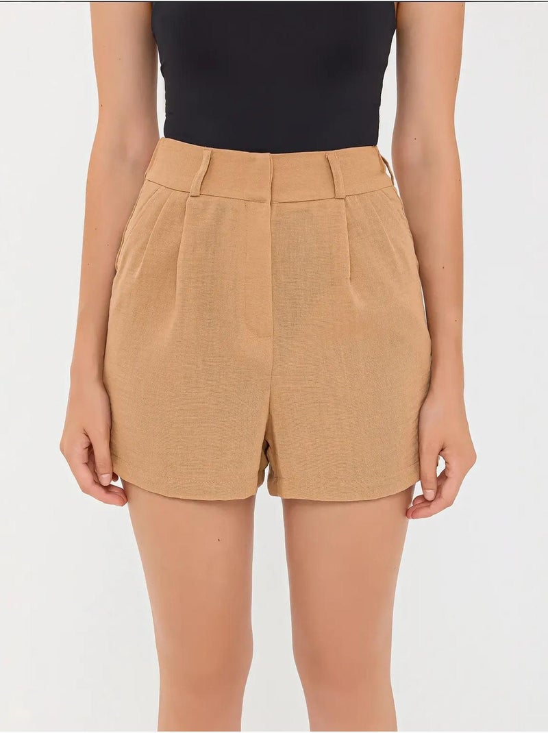 Pantaloncini plissettati a vita alta in tessuto Marrone - Kiabi