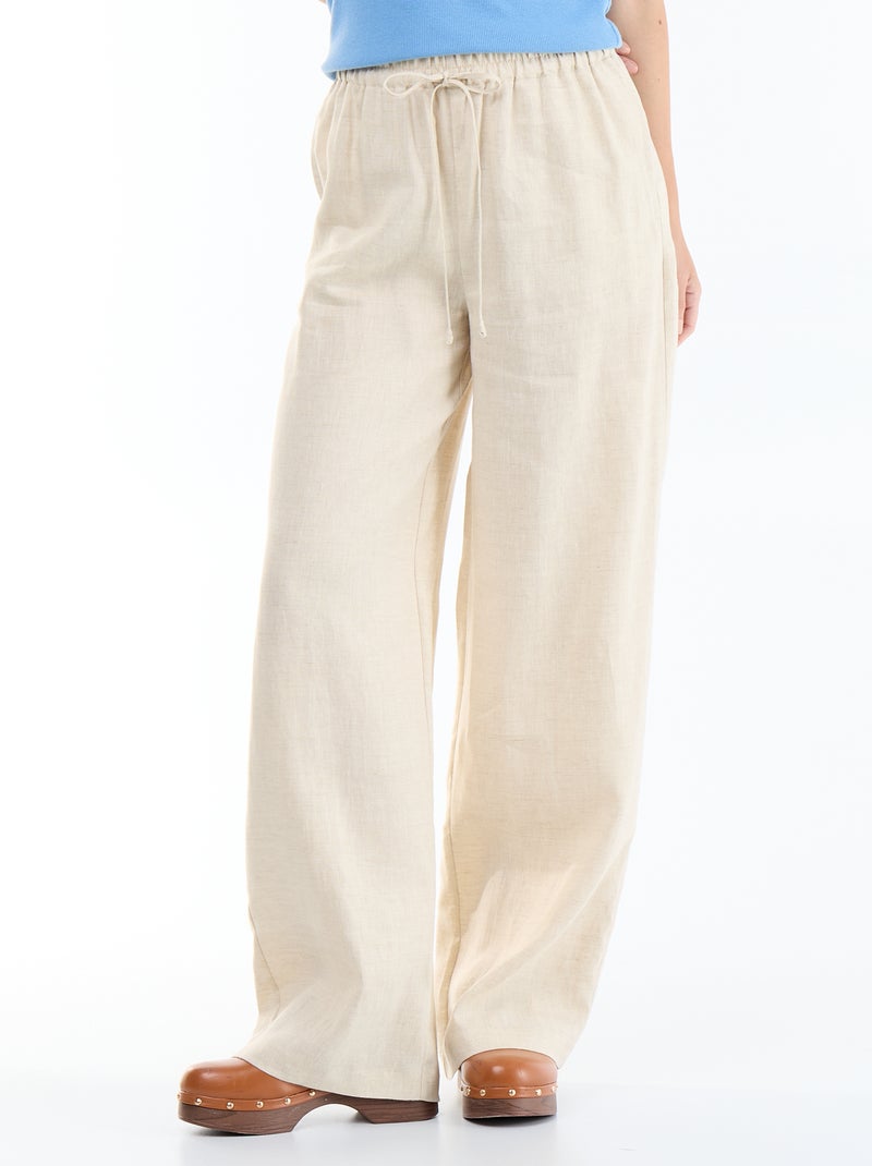 Pantalone in lino tinta unita a gamba larga Beige - Kiabi