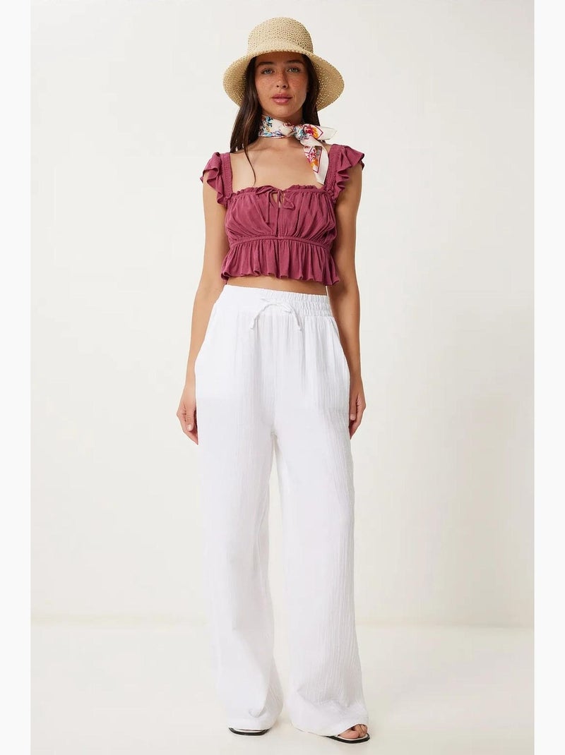 Pantaloni a gamba ampia con coulisse in vita e dettaglio con bordino istanbul Bianco - Kiabi