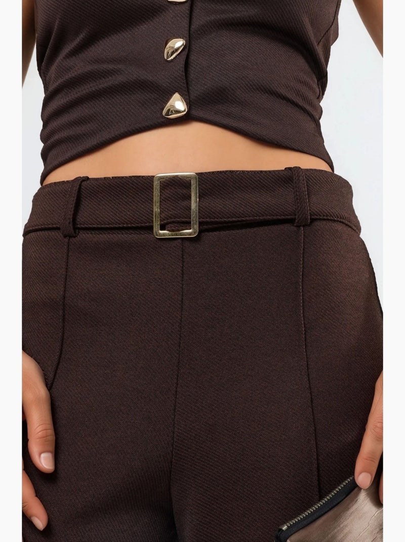 Pantaloni a gamba dritta a vita alta con cintura busem Marrone cioccolato - Kiabi