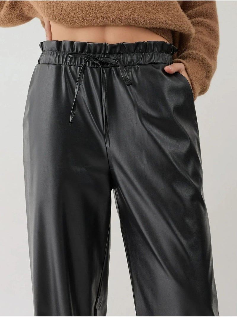 Pantaloni a gamba dritta in ecopelle con vita elasticizzata hiccup Nero - Kiabi