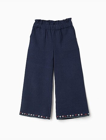 Pantaloni a gamba larga in cotone con fiori ricamati