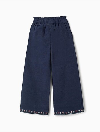 Pantaloni a gamba larga in cotone con fiori ricamati