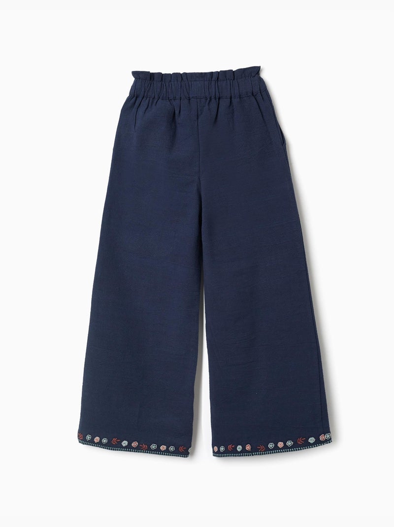 Pantaloni a gamba larga in cotone con fiori ricamati Blu scuro - Kiabi