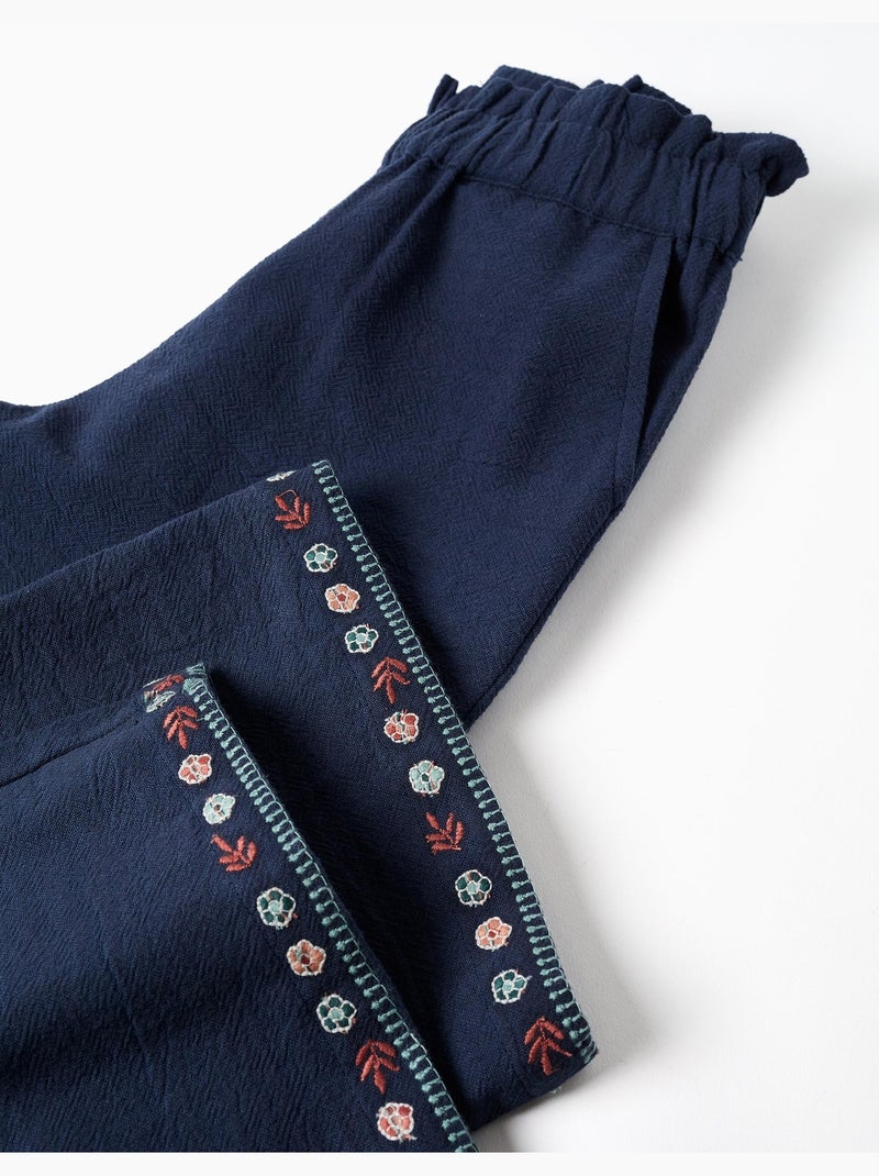 Pantaloni a gamba larga in cotone con fiori ricamati Blu scuro - Kiabi