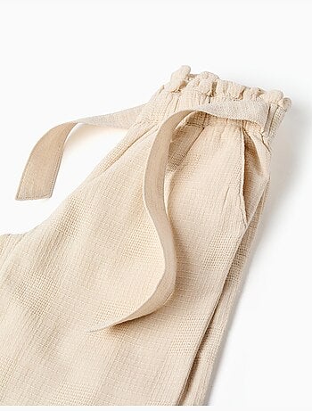 Pantaloni a gamba larga in cotone dobby con cintura