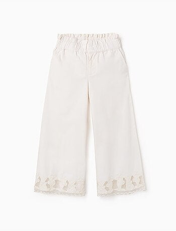 Pantaloni a gamba larga in cotone twill con fiori ricamati