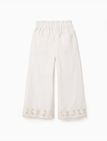 Pantaloni a gamba larga in cotone twill con fiori ricamati