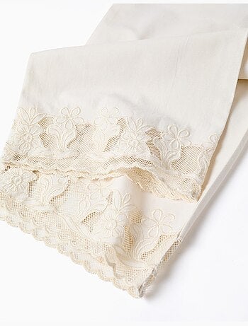 Pantaloni a gamba larga in cotone twill con fiori ricamati