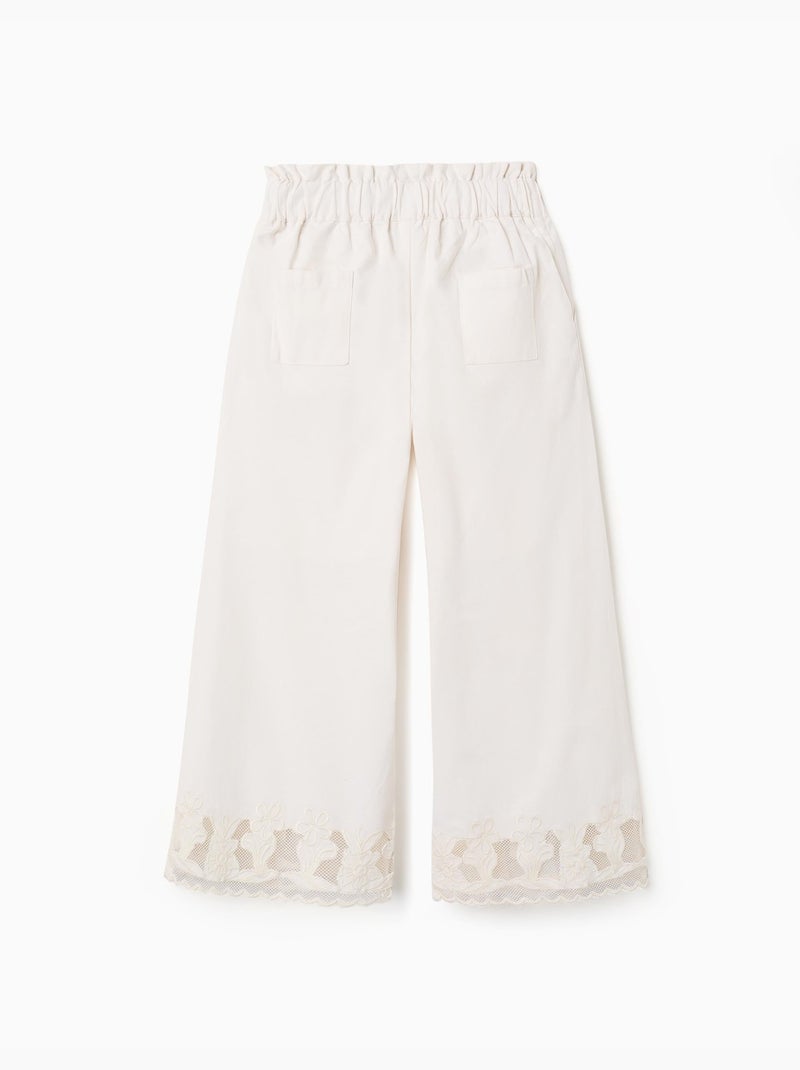 Pantaloni a gamba larga in cotone twill con fiori ricamati Bianco - Kiabi