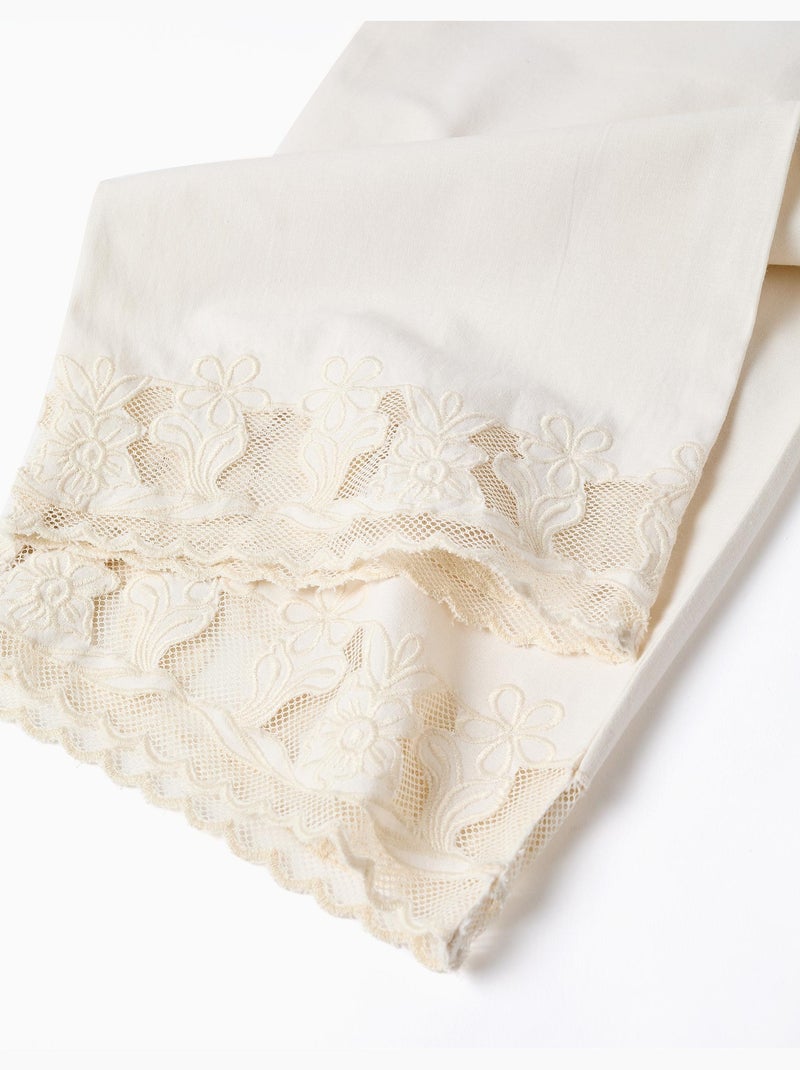 Pantaloni a gamba larga in cotone twill con fiori ricamati Bianco - Kiabi