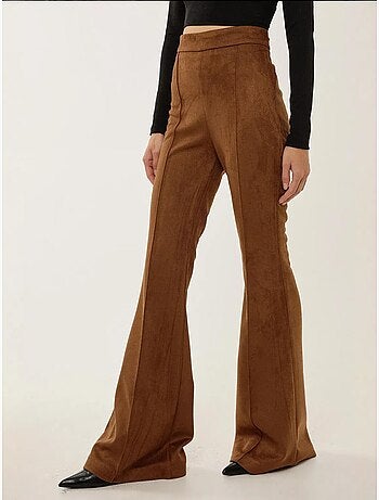 Pantaloni a gamba larga in pelle scamosciata a vita alta con pieghe hiccup
