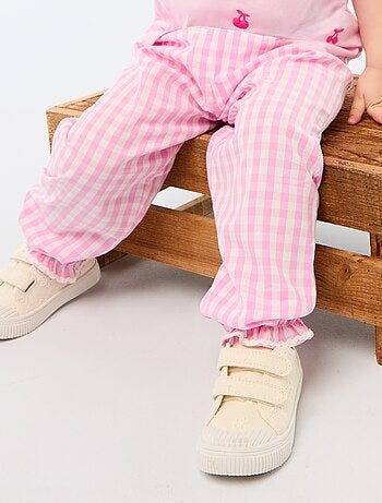 Pantaloni a quadretti vichy rosa in popeline di cotone