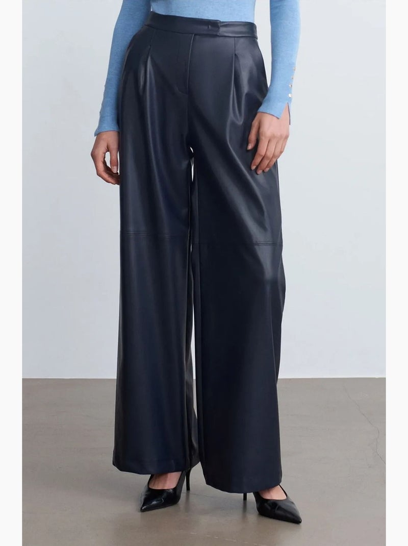 Pantaloni a vita alta a gamba ampia in ecopelle dilvin Blu marino - Kiabi
