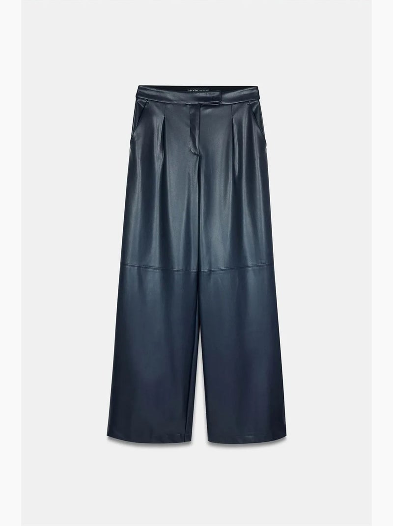Pantaloni a vita alta a gamba ampia in ecopelle dilvin Blu marino - Kiabi