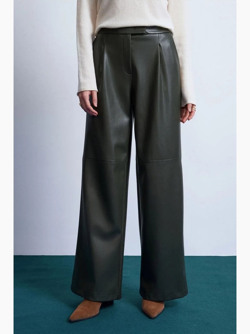Pantaloni a vita alta a gamba ampia in ecopelle dilvin Verde scuro - Kiabi