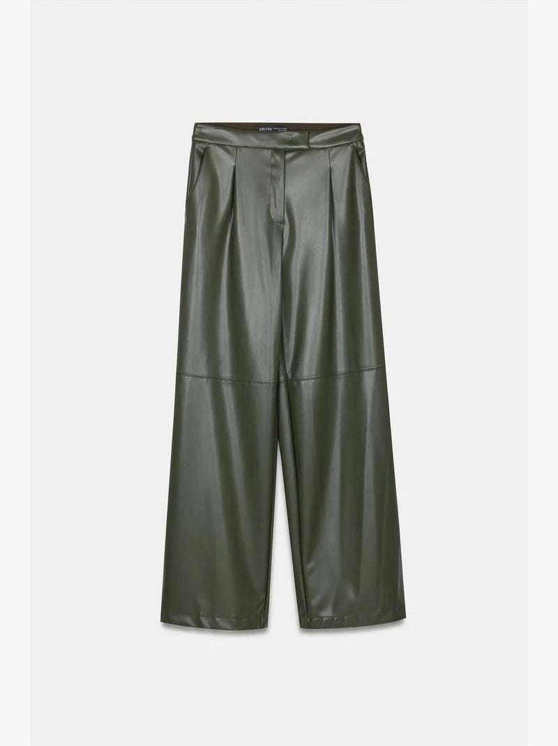 Pantaloni a vita alta a gamba ampia in ecopelle dilvin Verde scuro - Kiabi