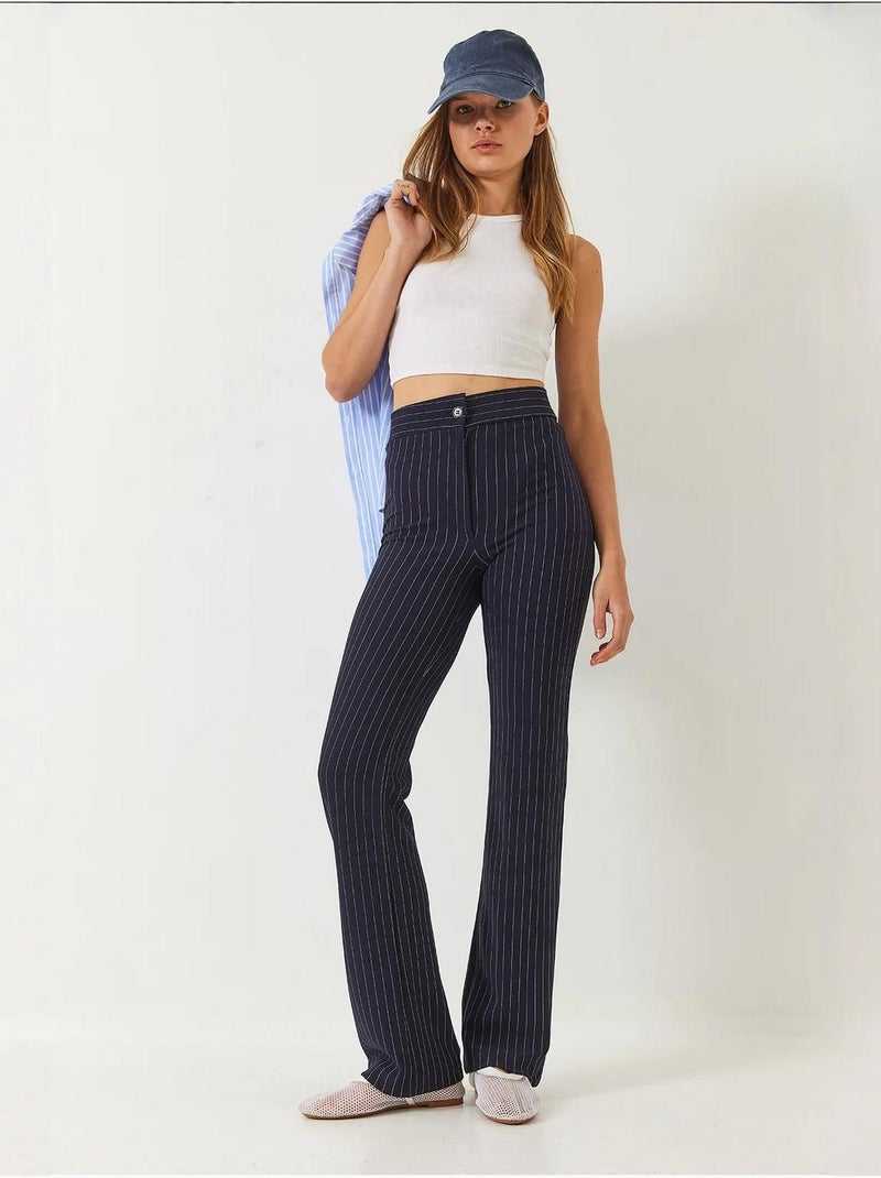 Pantaloni a vita alta a righe lucci Blu marino - Kiabi