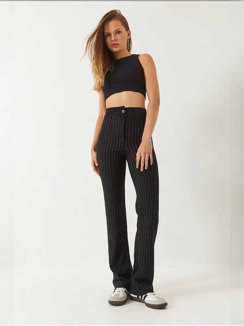 Pantaloni a vita alta a righe lucci Nero - Kiabi