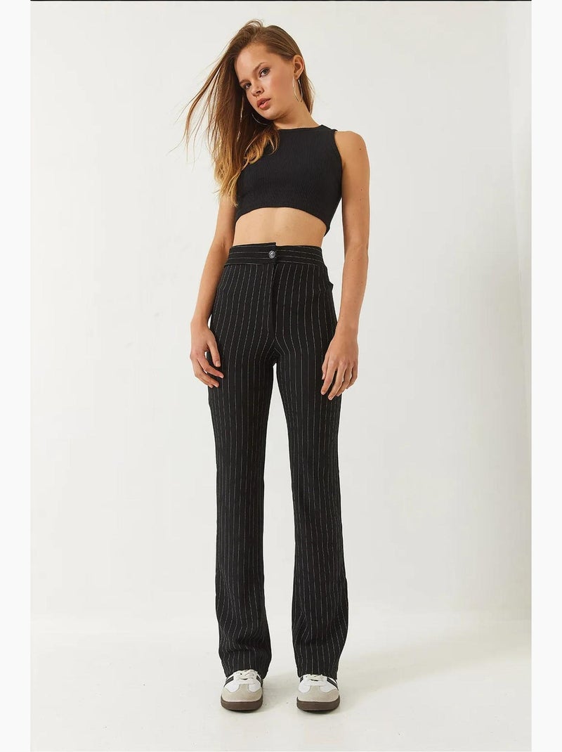 Pantaloni a vita alta a righe lucci Nero - Kiabi