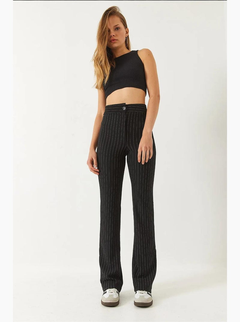 Pantaloni a vita alta a righe lucci Nero - Kiabi