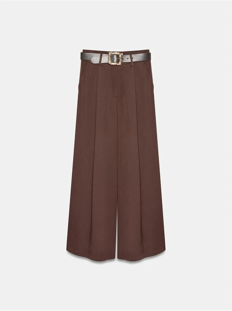 Pantaloni a vita alta con pieghe e gamba ampia dilvin Marrone cioccolato - Kiabi