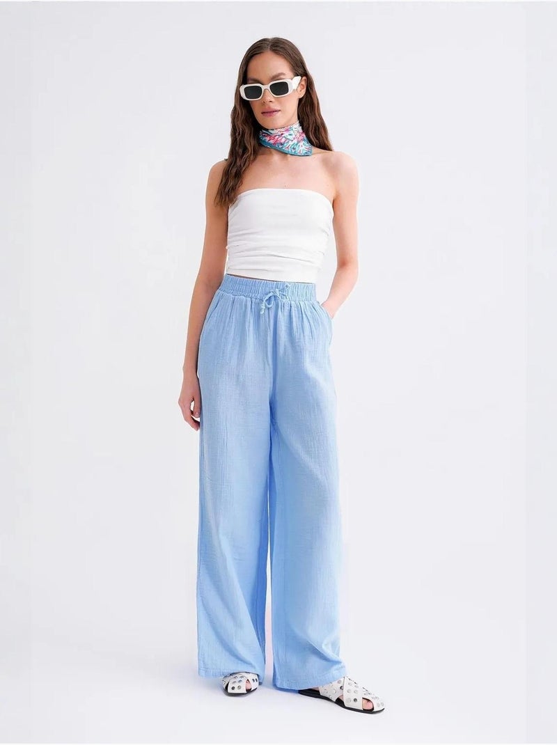 Pantaloni a vita alta in mussola testurizzata mixray Blu cielo - Kiabi