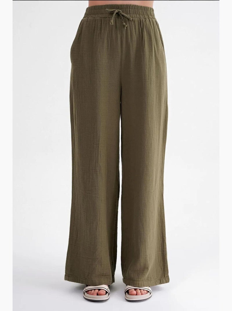Pantaloni a vita alta in mussola testurizzata mixray Cachi - Kiabi