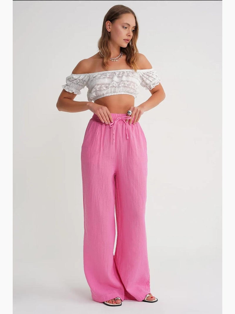 Pantaloni a vita alta in mussola testurizzata mixray Rosa - Kiabi