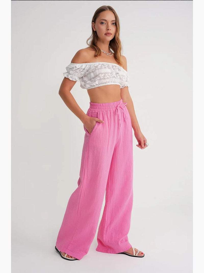 Pantaloni a vita alta in mussola testurizzata mixray Rosa - Kiabi